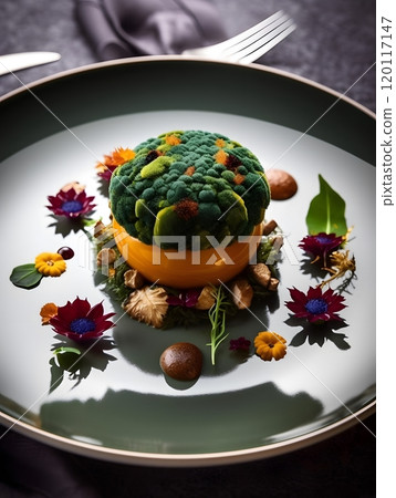 Gourmet mushroom dish with decorative sauce on elegant plate - fine dining presentation for culinary art Gourmet mushroom dish with decorative sauce on elegant plate - fine dining presentation for culinary art 120117147