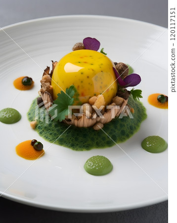 Gourmet mushroom dish with vibrant sauce on elegant white plate 120117151