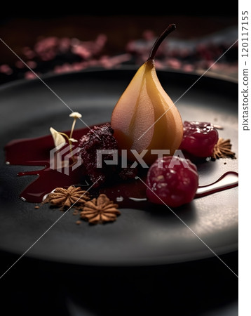 Gourmet pear dessert on elegant black plate for culinary inspiration 120117155