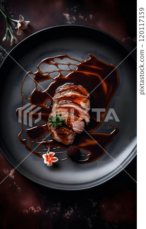 Gourmet plated meat with rich sauce and edible flowers for culinary art and dining Gourmet plated meat with rich sauce and edible flowers for culinary art and dining 120117159