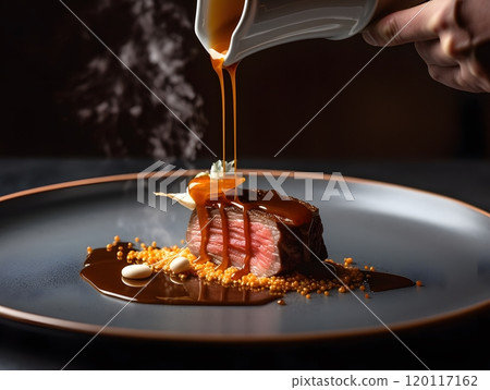 Gourmet presentation of a perfectly cooked beef dish with rich sauce for culinary art enthusiasts Gourmet presentation of a perfectly cooked beef dish with rich sauce for culinary art enthusiasts 120117162