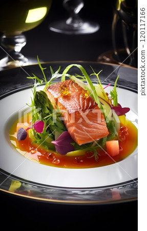 Gourmet salmon dish with fresh vegetables and delicate garnishes for culinary inspiration 120117166