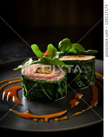 Gourmet tuna wrapped in spinach with artistic sauce presentation 120117173