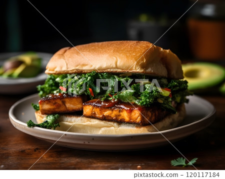 Incredibly crispy bbq tofu sandwich with fresh greens 120117184