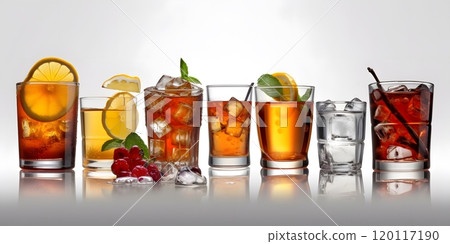 Refreshing assortment of drinks with fruits and ice - perfect for summer refreshment concepts 120117190