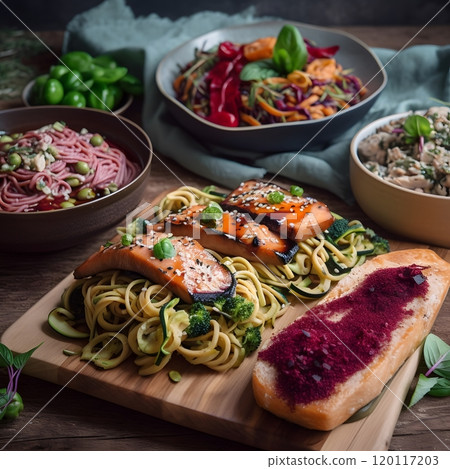 Vegan bruschetta with courgette ricotta and assorted pasta dishes for a plant-based feast 120117203