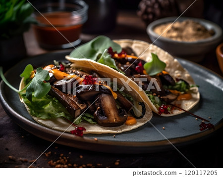 Vegan portobello tacos with fresh greens and tangy sauce on rustic plate - perfect for healthy dining 120117205