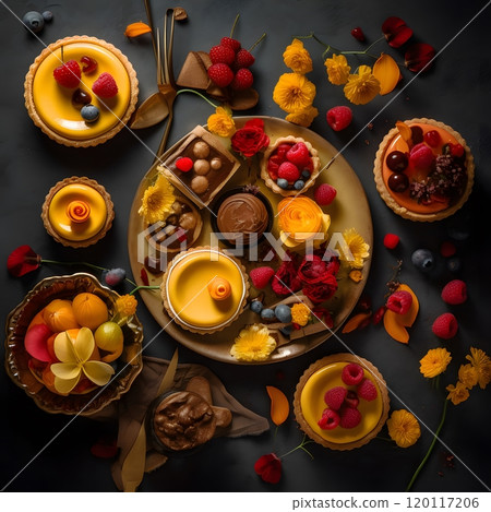 Vibrant dessert spread with flowers and fresh fruits for culinary delight 120117206