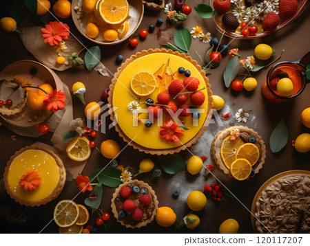 Vibrant fruit tart spread with colorful citrus and berries for culinary art Vibrant fruit tart spread with colorful citrus and berries for culinary art 120117207