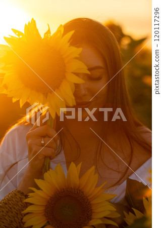 A girl in a hat on a beautiful field of sunflowers against the s 120117296
