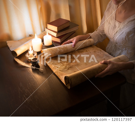 Hands with an old scroll Hands with an old scroll 120117397