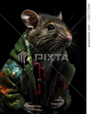 Stylish rat in nature-inspired jacket for editorial and fashion concepts Stylish rat in nature-inspired jacket for editorial and fashion concepts 120117504