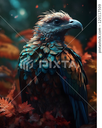 Vibrant bird among autumn leaves: nature's colorful symphony 120117509