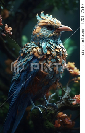 Vibrant bird perched on branch amidst blossoming flora - nature's elegance in 3d art 120117510