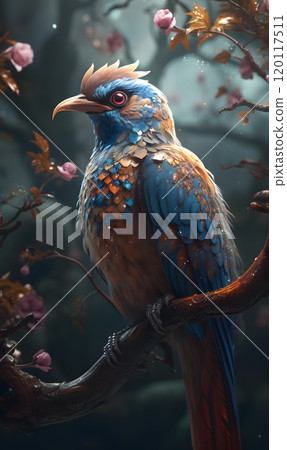 Vibrant blue and orange bird on a tree branch in mystical forest setting 120117511