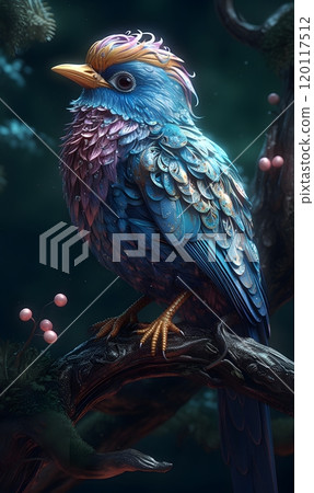 Vibrant fantasy bird perched on branch - nature illustration for design and decoration Vibrant fantasy bird perched on branch - nature illustration for design and decoration 120117512
