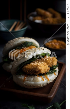 Asian fusion bao with furikake fish fingers on sesame buns - perfect for culinary themed posters 120117513