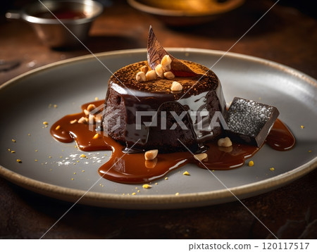 Decadent chocolate fondant with nougatine biscuit and toffee sauce for gourmet desserts 120117517