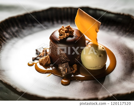 Decadent whisky and chocolate cremeux with ice cream in gourmet dessert presentation 120117520