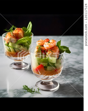 Elegant tofu and prawn cocktail with fresh basil garnish - perfect for gourmet dining 120117524