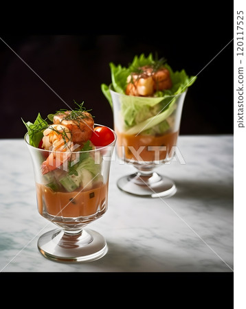 Elegant tofu prawn cocktail in crystal glasses for gourmet dining and culinary inspiration Elegant tofu prawn cocktail in crystal glasses for gourmet dining and culinary inspiration 120117525