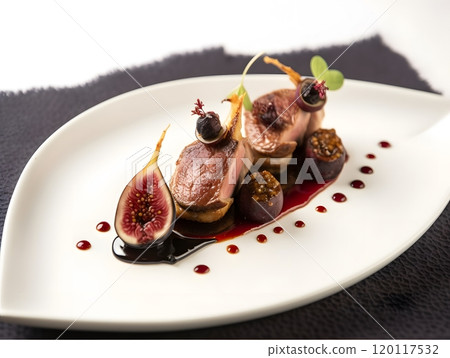 Gourmet dish of fried grouse on brioche with fig puree and garnish Gourmet dish of fried grouse on brioche with fig puree and garnish 120117532