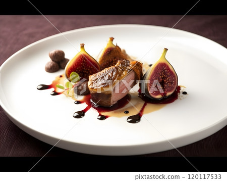 Gourmet dish of fried grouse with brioche and fig puree for elegant dining 120117533