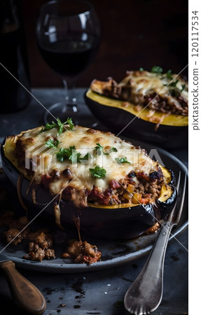 Gourmet moussaka-stuffed marrow with melted cheese topping for elegant dining Gourmet moussaka-stuffed marrow with melted cheese topping for elegant dining 120117534