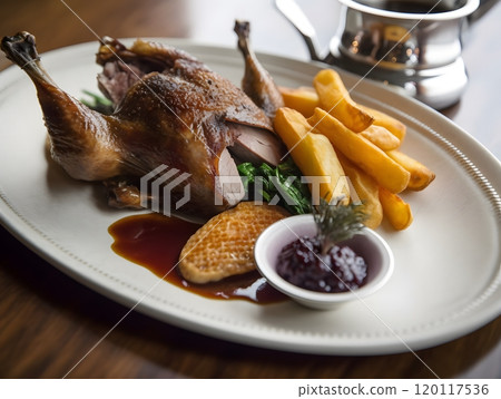 Gourmet roast grouse with game chips and rich sauce for elegant dining experience 120117536
