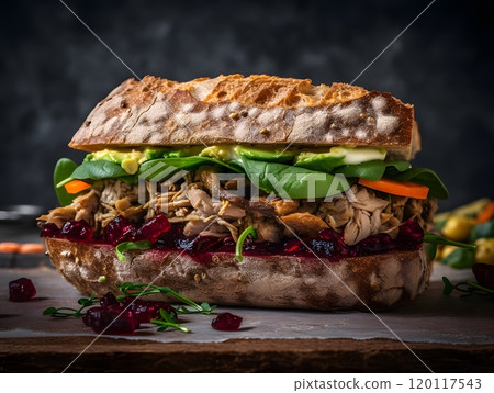 Ultimate vegan christmas sandwich with cranberry sauce and fresh vegetables 120117543