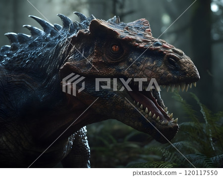 Close-up of ferocious dinosaur in mystical forest environment for artistic rendering 120117550
