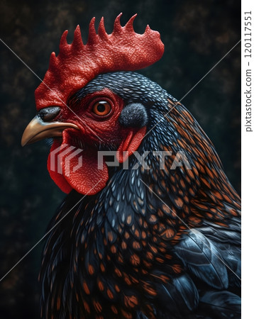 Close-up portrait of a red chicken with vibrant red scallop 120117551
