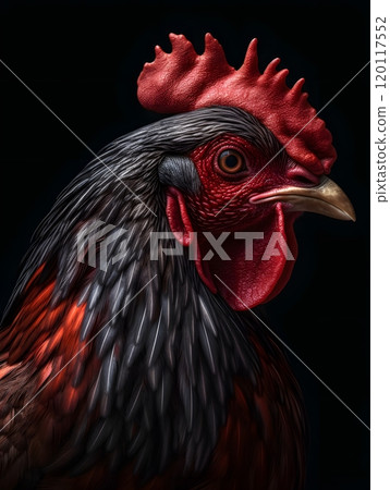 Close-up portrait of a red-scalloped chicken for farm animal photography Close-up portrait of a red-scalloped chicken for farm animal photography 120117552