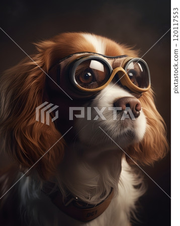 Cute brown and white dog wearing goggles - playful pet fashion concept Cute brown and white dog wearing goggles - playful pet fashion concept 120117553