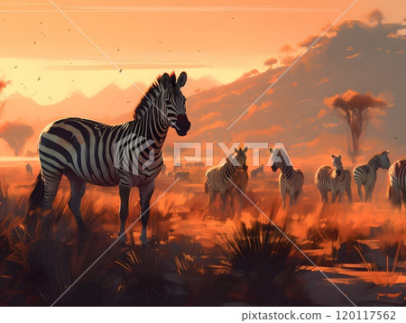 Majestic zebras in serene sunset grassland wildlife photography for nature lovers and design Majestic zebras in serene sunset grassland wildlife photography for nature lovers and design 120117562
