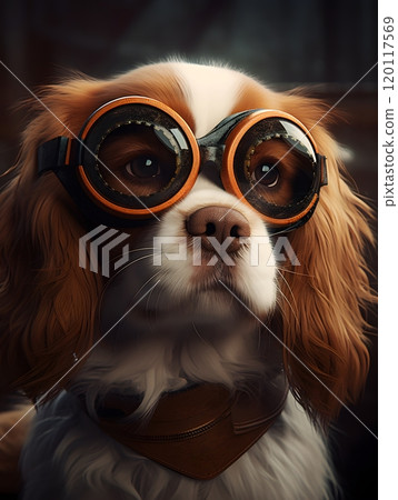Steampunk canine: brown and white dog wearing goggles vector design 120117569