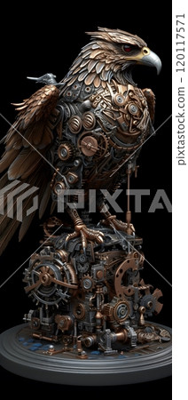 Steampunk eagle sculpture on mechanical base for artistic decor 120117571