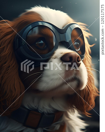 Stylish brown and white dog with goggles - fun and unique pet portrait for design 120117575