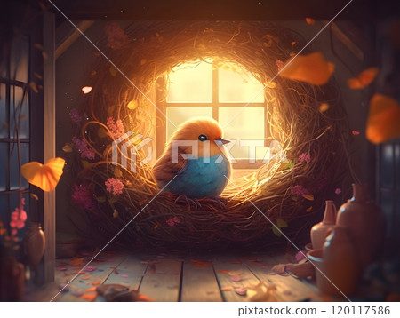 Storybook illustration of a bird nestled in a cozy nest by a sunlit window Storybook illustration of a bird nestled in a cozy nest by a sunlit window 120117586