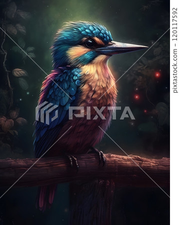 Vibrant bird perched on wooden fence in enchanted forest setting for nature photography 120117592
