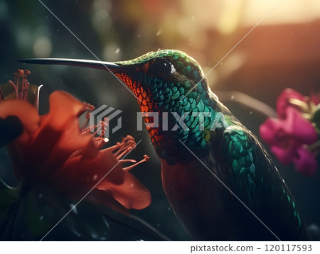 Vibrant hummingbird with flower in beak at sunrise nature and wildlife photography 120117593
