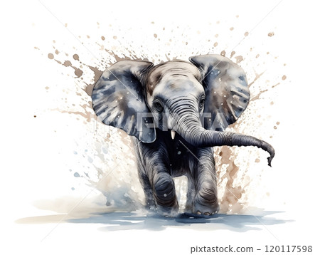 Watercolor elephant splashing water artistic wildlife illustration for print 120117598