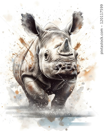 Watercolor illustration of rhinoceros and calf in action ideal for nature posters and wildlife cards 120117599