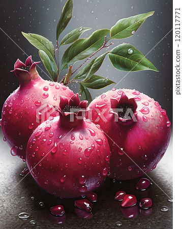 Digital artwork of three pomegranates with leaves on a branch 120117771