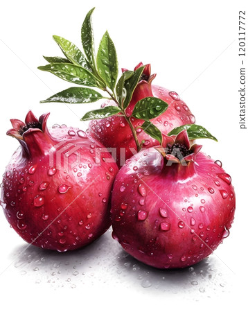 Digital illustration of three dew-covered pomegranates on a branch 120117772