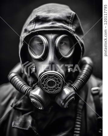 Surreal black and white portrait of a man in gas mask with hooded jacket Surreal black and white portrait of a man in gas mask with hooded jacket 120117795