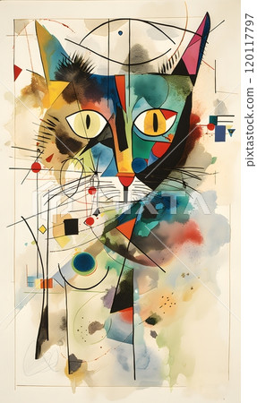 Abstract expressionism in vibrant cat-themed artwork for modern interior design 120117797