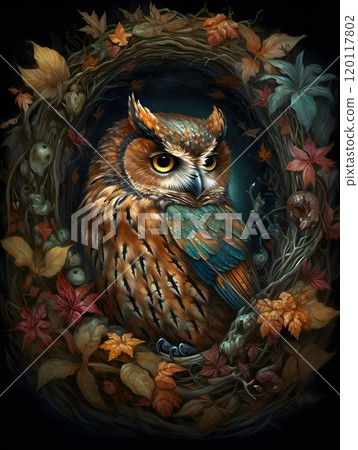 Autumn owl in hollow nest detailed painting for nature art decor 120117802