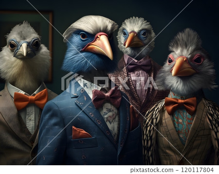 Avian fashion parade: group of birds in stylish attire for trendy design 120117804