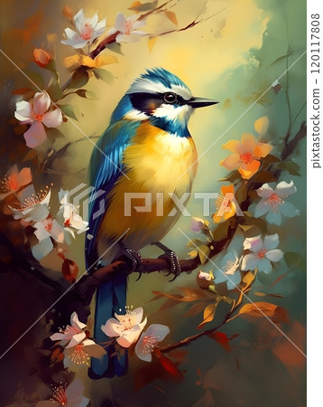 Colorful bird perched on blossom tree branch - nature art inspiration for posters 120117808